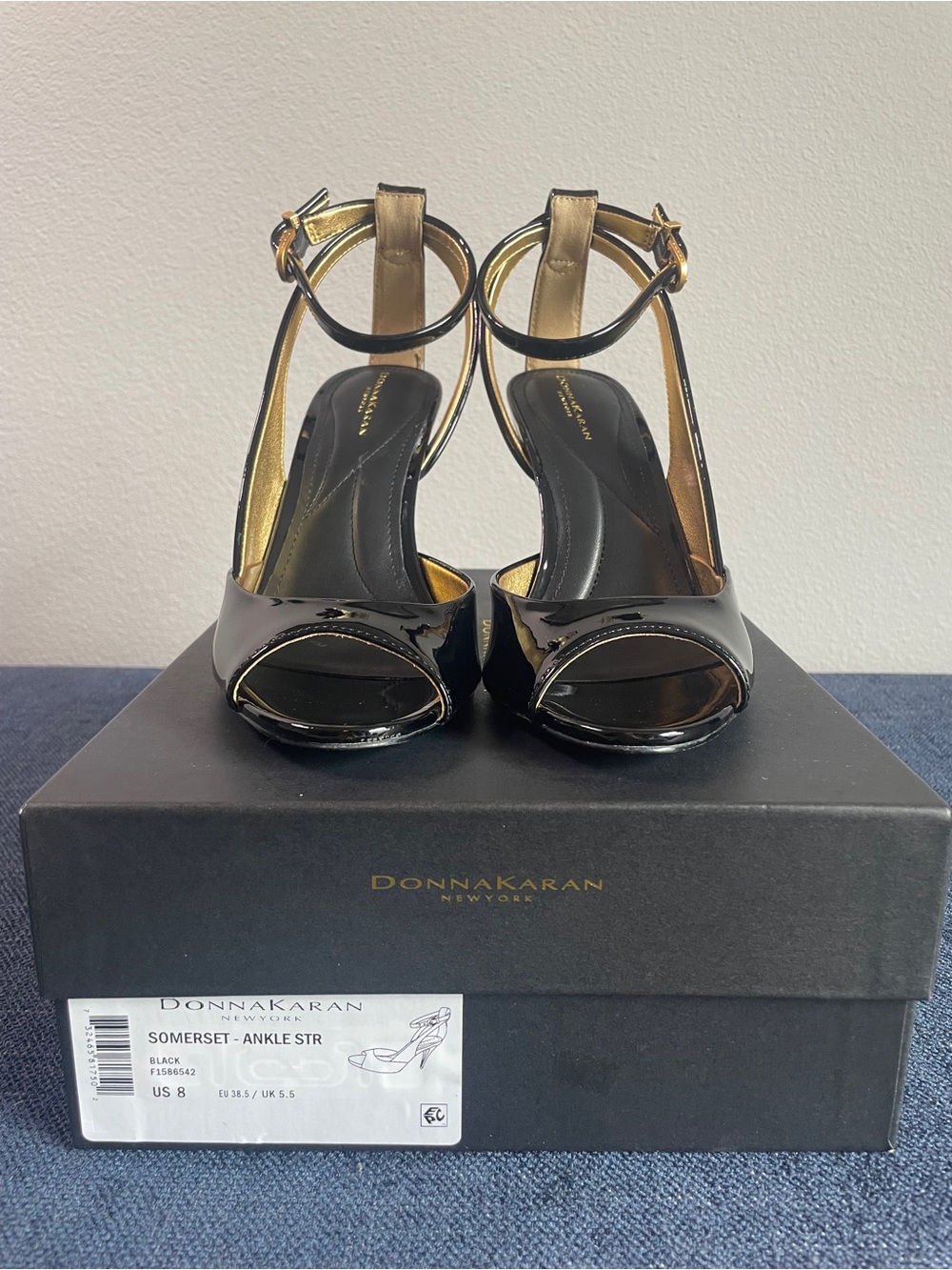 Donna Karan - Somerset - Black Patent Peep-Toe Ankle-Strap Heels with Gold Trim
